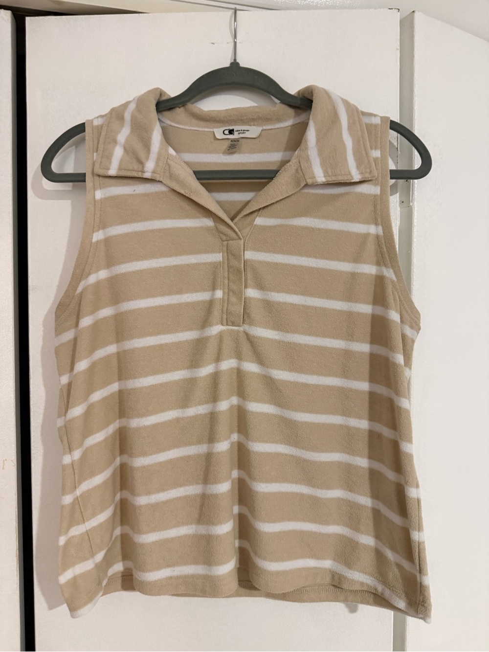 Cable & Gauge Beige and White Striped Sleeveless Polo Tank